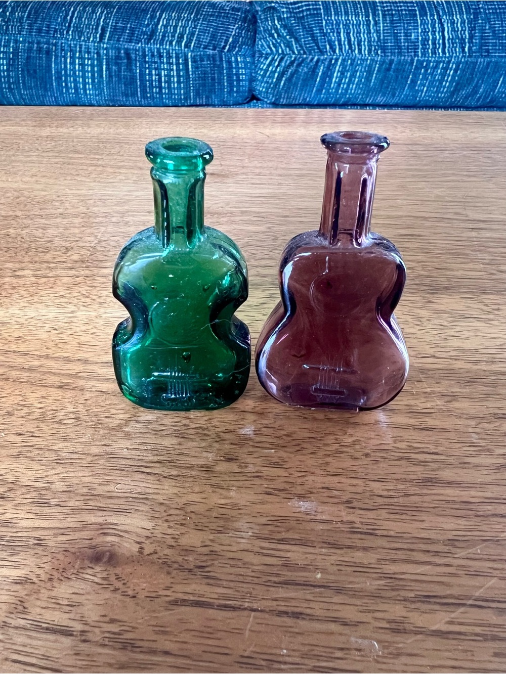 Pair of Guitar-Shaped Glass Vases in Green and Purple